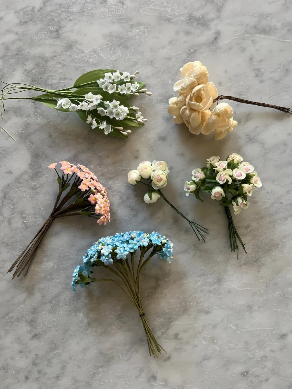 Assorted Silk and Paper Flower Bundles - Blue, White, Pink, Cream, Green